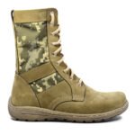 Ukrainian beige leather boots with pixel camo fabric inserts, side view