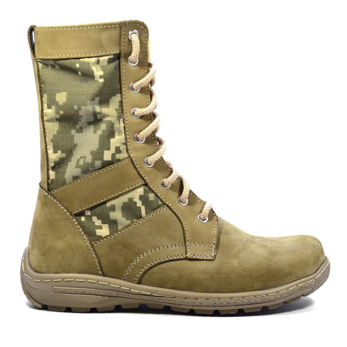 Ukrainian beige leather boots with pixel camo fabric inserts, side view