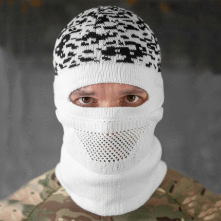 White camouflage tactical balaclava ski mask with eye opening and ventilated mesh mouth panel, winter military face mask front view.