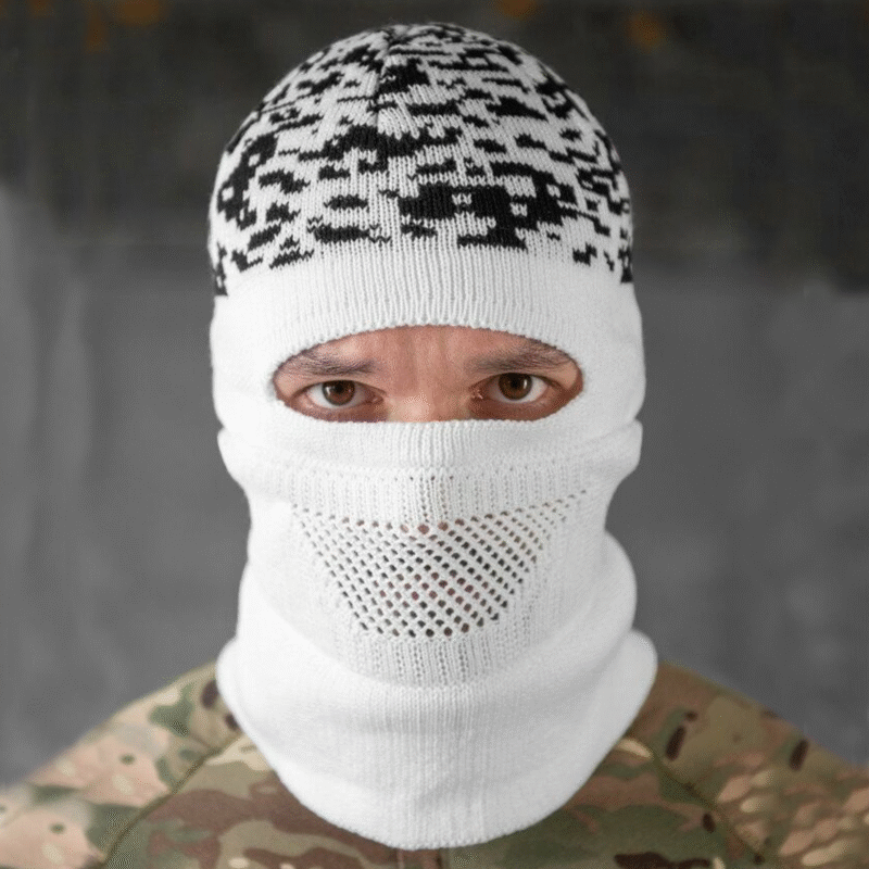 White camouflage tactical balaclava ski mask with eye opening and ventilated mesh mouth panel, winter military face mask front view.