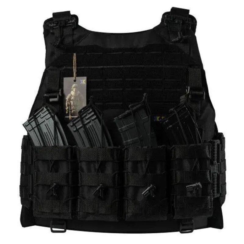 Black plate carrier vest front view with magazine holders and MOLLE webbing