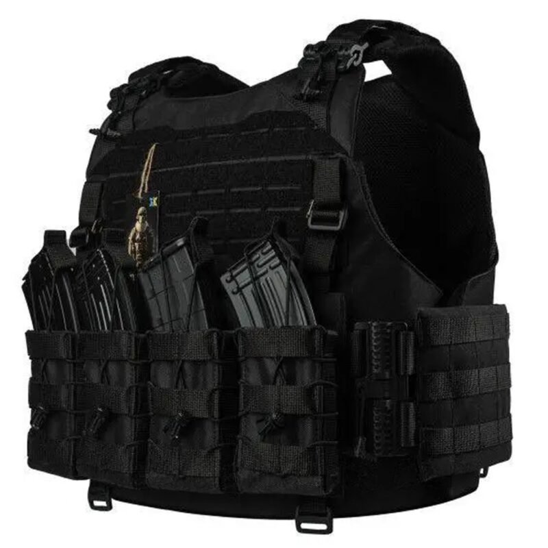 Black tactical plate carrier vest with MOLLE system and front magazine pouches