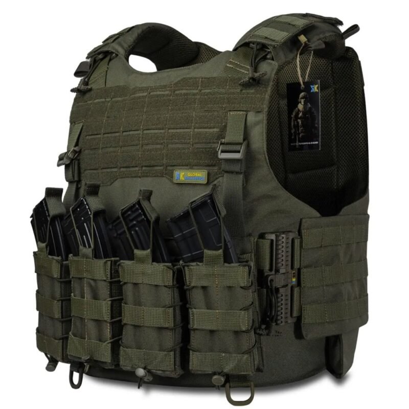 Olive green plate carrier vest with magazine pouches