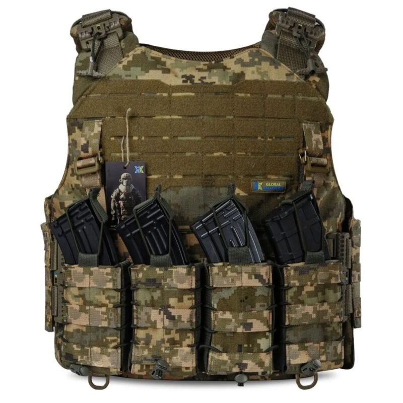Pixel camo plate carrier vest with MOLLE system front view