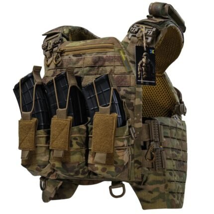 Multicam tactical plate carrier vest with magazine pouches and MOLLE system