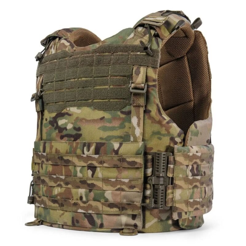 Multicam tactical vest plate carrier side angle with cummerbund