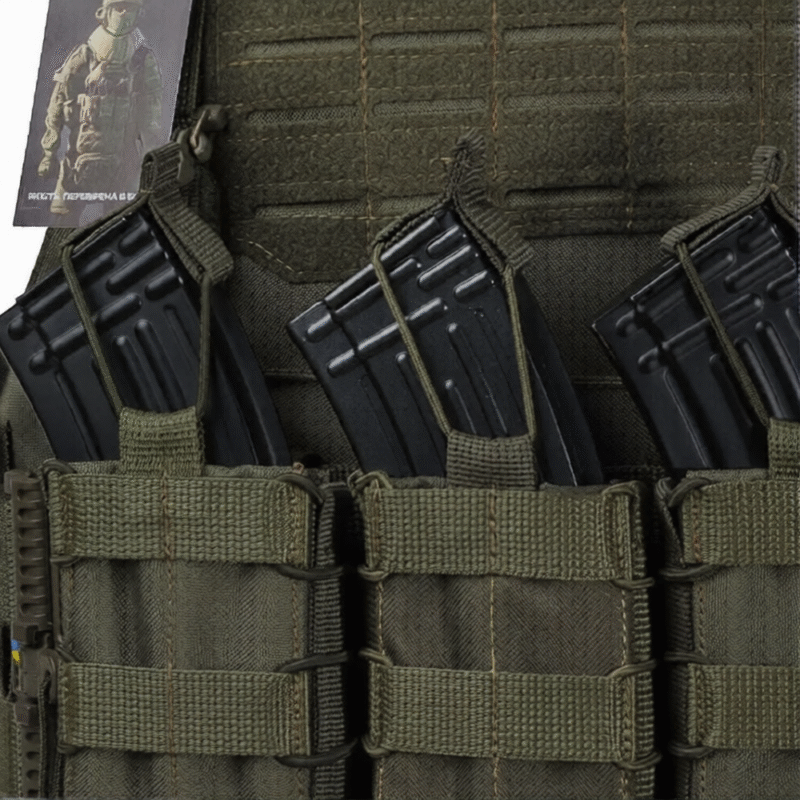 Close-up of olive plate carrier vest front magazine pouches