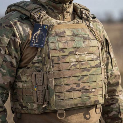 Front panel of multicam military plate carrier with Laser Cut MOLLE and reinforced ballistic plate compartment