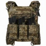 Front view of pixel tactical plate carrier vest with mag pouches and admin pocket