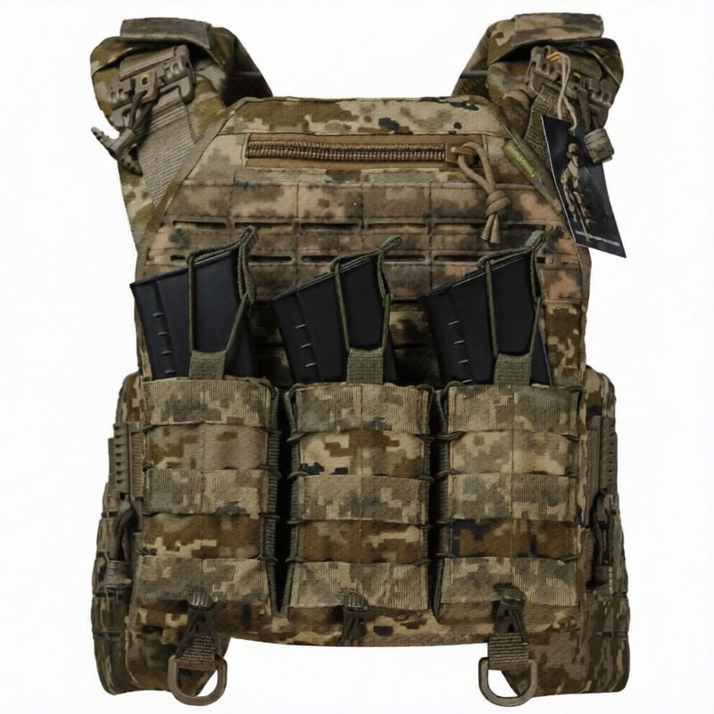 Front view of pixel tactical plate carrier vest with mag pouches and admin pocket