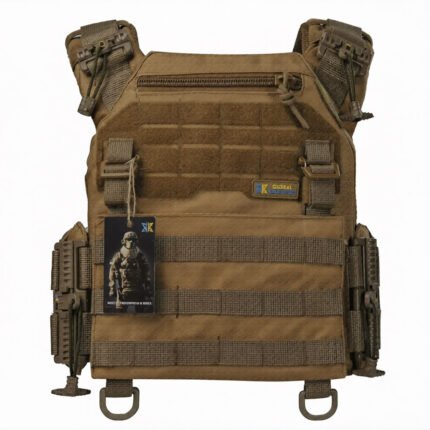Front view of coyote tactical plate carrier vest with MOLLE webbing, admin pocket, and quick-release system
