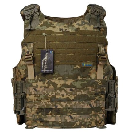 Pixel camo plate carrier vest with MOLLE system front view