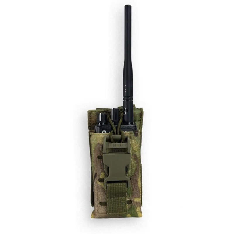 Multicam MOLLE radio pouch holding a tactical radio with antenna