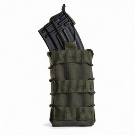 Olive rifle magazine pouch holding AK AR magazine with open-top quick access