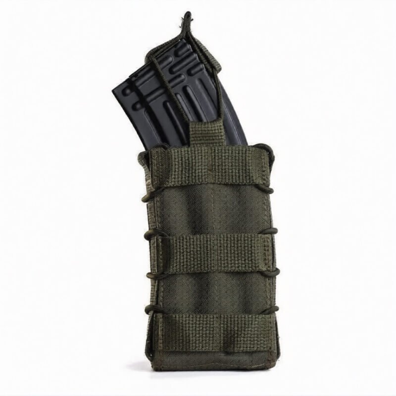 Olive rifle magazine pouch holding AK AR magazine with open-top quick access