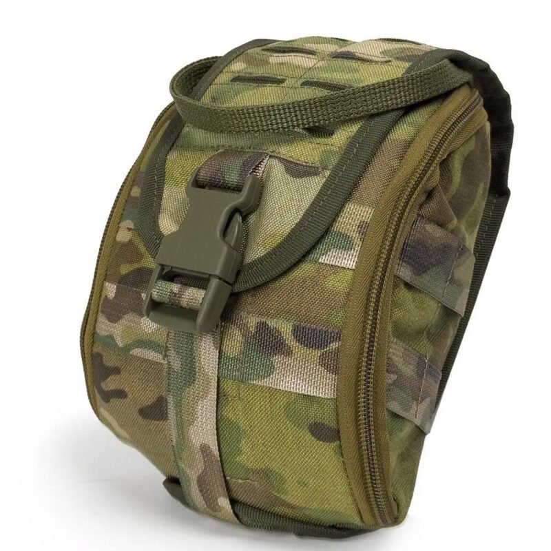 Multicam IFAK pouch with buckle closure and side zipper opening